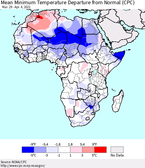 Africa Mean Minimum Temperature Departure from Normal (CPC) Thematic Map For 3/29/2021 - 4/4/2021