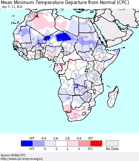 Africa Mean Minimum Temperature Departure from Normal (CPC) Thematic Map For 4/5/2021 - 4/11/2021