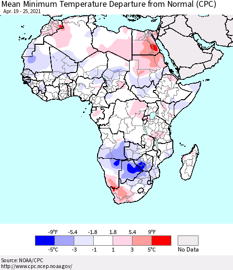 Africa Mean Minimum Temperature Departure from Normal (CPC) Thematic Map For 4/19/2021 - 4/25/2021