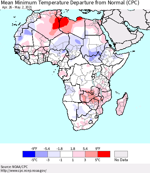 Africa Mean Minimum Temperature Departure from Normal (CPC) Thematic Map For 4/26/2021 - 5/2/2021