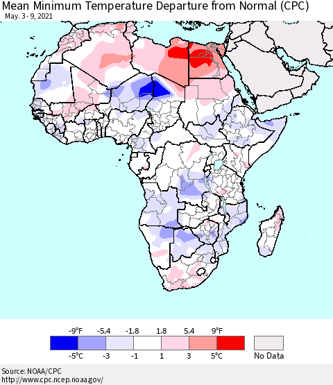 Africa Mean Minimum Temperature Departure from Normal (CPC) Thematic Map For 5/3/2021 - 5/9/2021