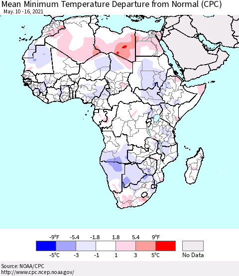 Africa Mean Minimum Temperature Departure from Normal (CPC) Thematic Map For 5/10/2021 - 5/16/2021