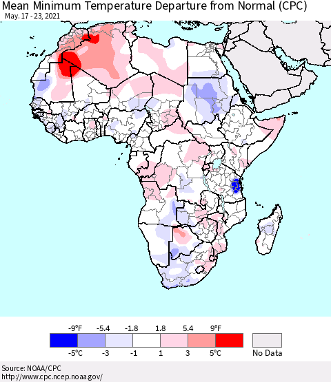 Africa Mean Minimum Temperature Departure from Normal (CPC) Thematic Map For 5/17/2021 - 5/23/2021