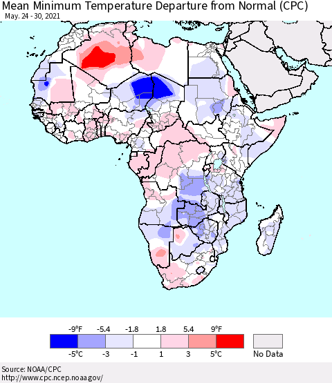 Africa Mean Minimum Temperature Departure from Normal (CPC) Thematic Map For 5/24/2021 - 5/30/2021