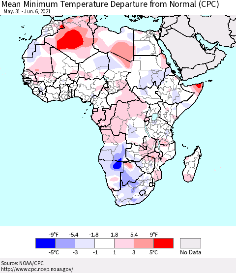 Africa Mean Minimum Temperature Departure from Normal (CPC) Thematic Map For 5/31/2021 - 6/6/2021