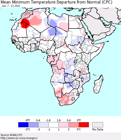 Africa Mean Minimum Temperature Departure from Normal (CPC) Thematic Map For 6/7/2021 - 6/13/2021