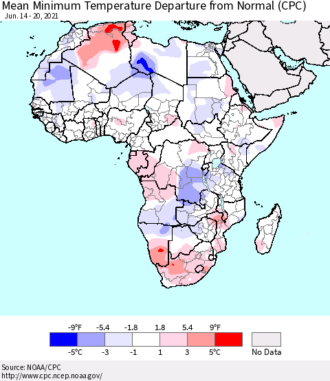 Africa Mean Minimum Temperature Departure from Normal (CPC) Thematic Map For 6/14/2021 - 6/20/2021