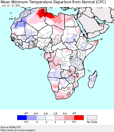 Africa Mean Minimum Temperature Departure from Normal (CPC) Thematic Map For 6/21/2021 - 6/27/2021