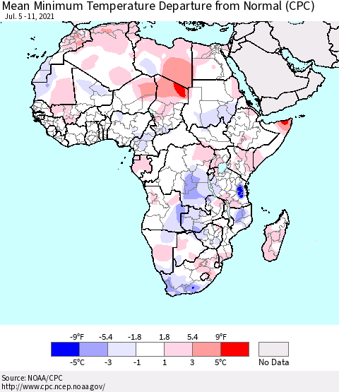 Africa Mean Minimum Temperature Departure from Normal (CPC) Thematic Map For 7/5/2021 - 7/11/2021