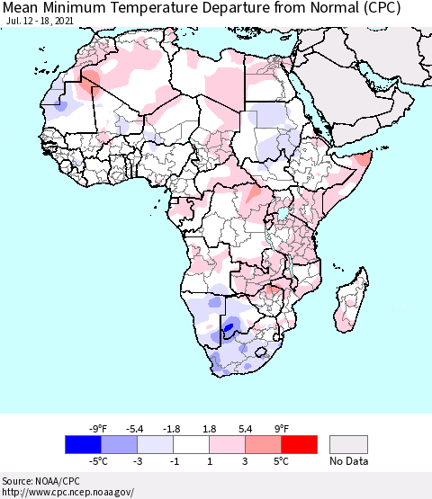 Africa Mean Minimum Temperature Departure from Normal (CPC) Thematic Map For 7/12/2021 - 7/18/2021