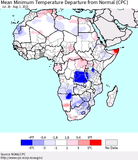 Africa Mean Minimum Temperature Departure from Normal (CPC) Thematic Map For 7/26/2021 - 8/1/2021
