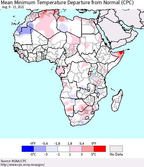 Africa Mean Minimum Temperature Departure from Normal (CPC) Thematic Map For 8/9/2021 - 8/15/2021