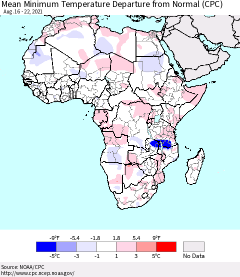 Africa Mean Minimum Temperature Departure from Normal (CPC) Thematic Map For 8/16/2021 - 8/22/2021