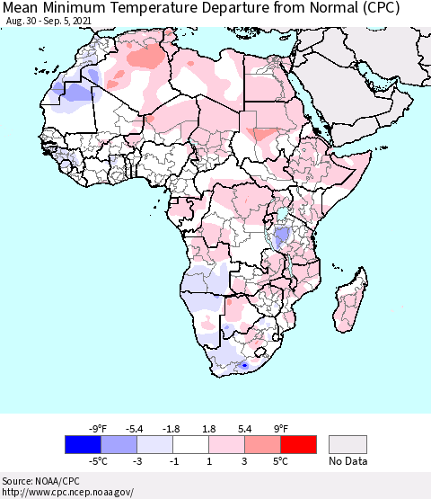 Africa Mean Minimum Temperature Departure from Normal (CPC) Thematic Map For 8/30/2021 - 9/5/2021