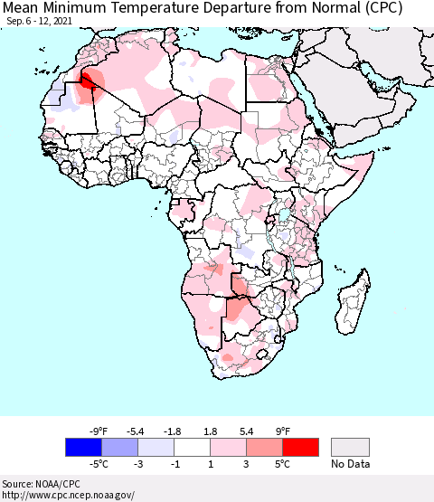 Africa Mean Minimum Temperature Departure from Normal (CPC) Thematic Map For 9/6/2021 - 9/12/2021