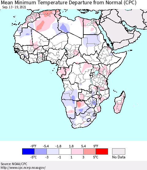 Africa Mean Minimum Temperature Departure from Normal (CPC) Thematic Map For 9/13/2021 - 9/19/2021