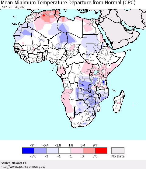 Africa Mean Minimum Temperature Departure from Normal (CPC) Thematic Map For 9/20/2021 - 9/26/2021