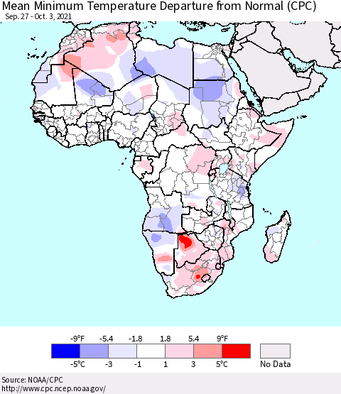 Africa Mean Minimum Temperature Departure from Normal (CPC) Thematic Map For 9/27/2021 - 10/3/2021