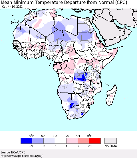Africa Mean Minimum Temperature Departure from Normal (CPC) Thematic Map For 10/4/2021 - 10/10/2021