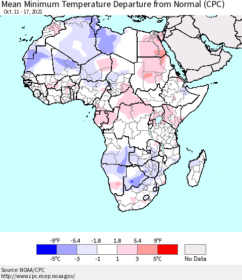 Africa Mean Minimum Temperature Departure from Normal (CPC) Thematic Map For 10/11/2021 - 10/17/2021