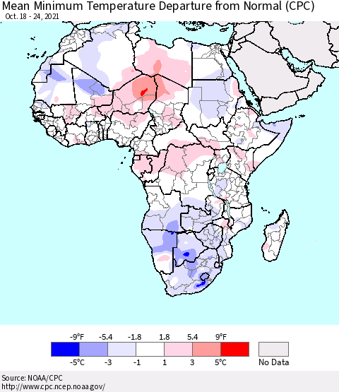 Africa Mean Minimum Temperature Departure from Normal (CPC) Thematic Map For 10/18/2021 - 10/24/2021