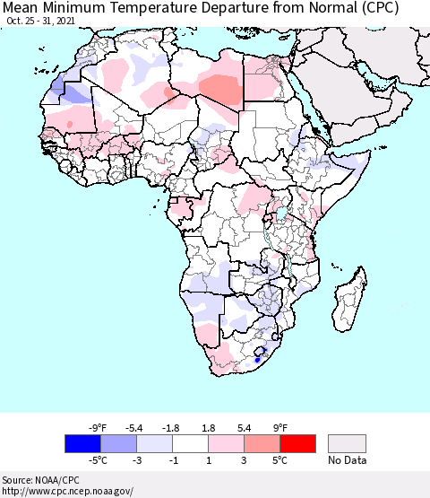 Africa Mean Minimum Temperature Departure from Normal (CPC) Thematic Map For 10/25/2021 - 10/31/2021