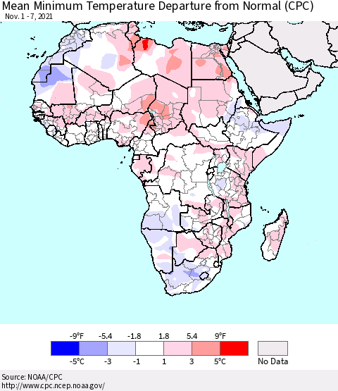 Africa Mean Minimum Temperature Departure from Normal (CPC) Thematic Map For 11/1/2021 - 11/7/2021