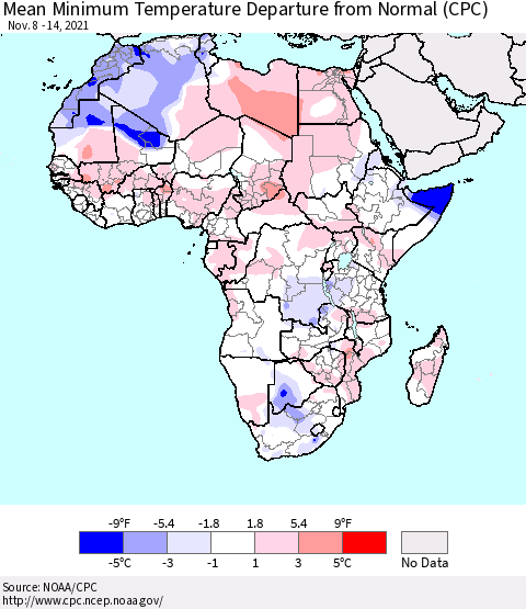 Africa Mean Minimum Temperature Departure from Normal (CPC) Thematic Map For 11/8/2021 - 11/14/2021