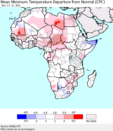 Africa Mean Minimum Temperature Departure from Normal (CPC) Thematic Map For 11/15/2021 - 11/21/2021