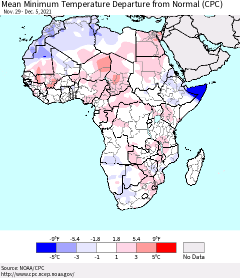 Africa Mean Minimum Temperature Departure from Normal (CPC) Thematic Map For 11/29/2021 - 12/5/2021