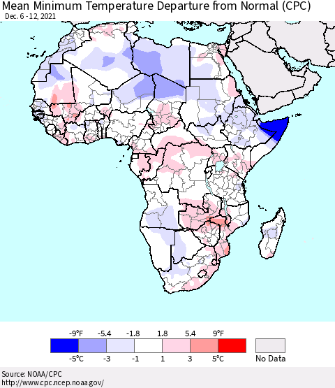 Africa Mean Minimum Temperature Departure from Normal (CPC) Thematic Map For 12/6/2021 - 12/12/2021