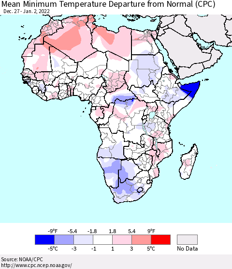 Africa Mean Minimum Temperature Departure from Normal (CPC) Thematic Map For 12/27/2021 - 1/2/2022