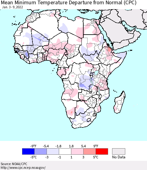 Africa Mean Minimum Temperature Departure from Normal (CPC) Thematic Map For 1/3/2022 - 1/9/2022