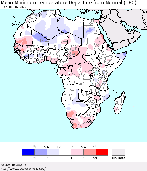 Africa Mean Minimum Temperature Departure from Normal (CPC) Thematic Map For 1/10/2022 - 1/16/2022