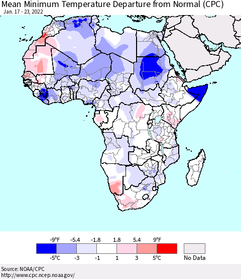 Africa Mean Minimum Temperature Departure from Normal (CPC) Thematic Map For 1/17/2022 - 1/23/2022