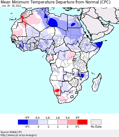 Africa Mean Minimum Temperature Departure from Normal (CPC) Thematic Map For 1/24/2022 - 1/30/2022