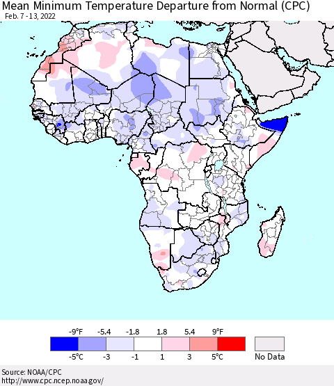 Africa Mean Minimum Temperature Departure from Normal (CPC) Thematic Map For 2/7/2022 - 2/13/2022