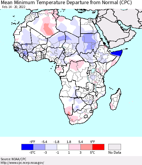 Africa Mean Minimum Temperature Departure from Normal (CPC) Thematic Map For 2/14/2022 - 2/20/2022