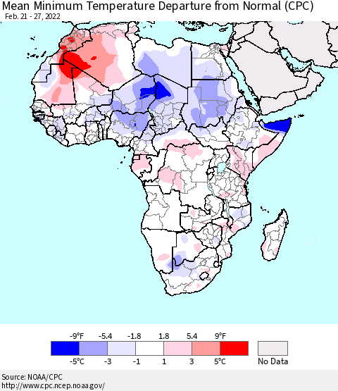 Africa Mean Minimum Temperature Departure from Normal (CPC) Thematic Map For 2/21/2022 - 2/27/2022