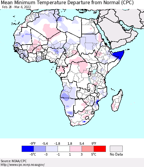 Africa Mean Minimum Temperature Departure from Normal (CPC) Thematic Map For 2/28/2022 - 3/6/2022