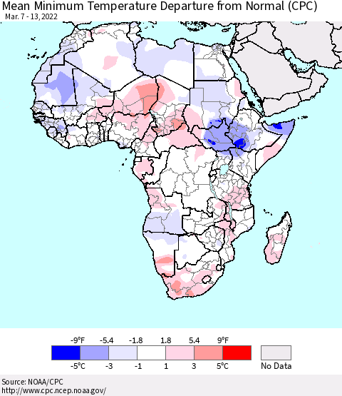Africa Mean Minimum Temperature Departure from Normal (CPC) Thematic Map For 3/7/2022 - 3/13/2022