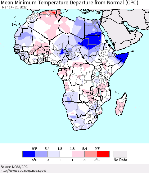 Africa Mean Minimum Temperature Departure from Normal (CPC) Thematic Map For 3/14/2022 - 3/20/2022