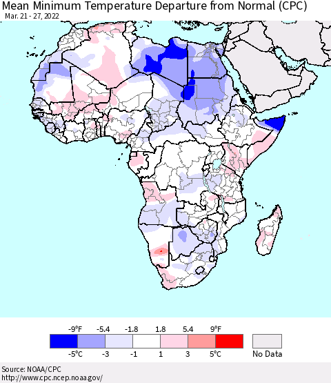 Africa Mean Minimum Temperature Departure from Normal (CPC) Thematic Map For 3/21/2022 - 3/27/2022