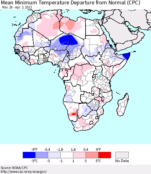 Africa Mean Minimum Temperature Departure from Normal (CPC) Thematic Map For 3/28/2022 - 4/3/2022