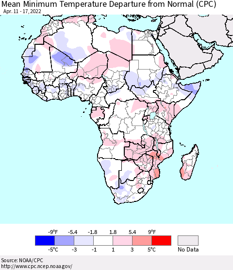 Africa Mean Minimum Temperature Departure from Normal (CPC) Thematic Map For 4/11/2022 - 4/17/2022