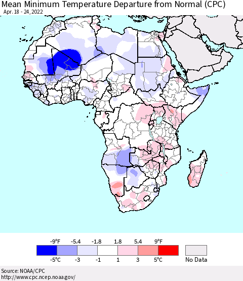 Africa Mean Minimum Temperature Departure from Normal (CPC) Thematic Map For 4/18/2022 - 4/24/2022