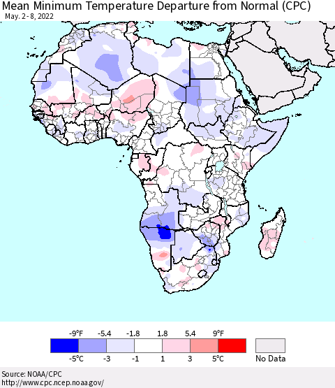 Africa Mean Minimum Temperature Departure from Normal (CPC) Thematic Map For 5/2/2022 - 5/8/2022