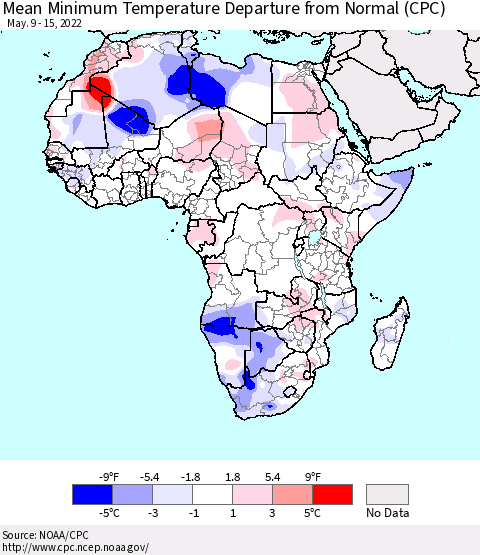 Africa Mean Minimum Temperature Departure from Normal (CPC) Thematic Map For 5/9/2022 - 5/15/2022