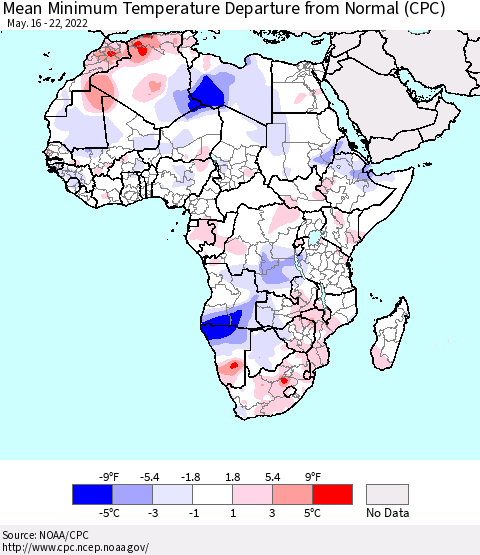 Africa Mean Minimum Temperature Departure from Normal (CPC) Thematic Map For 5/16/2022 - 5/22/2022