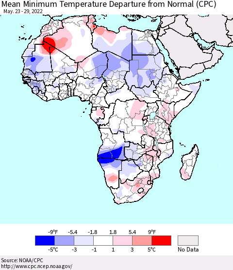 Africa Mean Minimum Temperature Departure from Normal (CPC) Thematic Map For 5/23/2022 - 5/29/2022